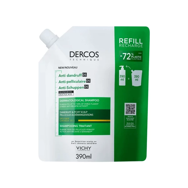 VICHY DERCOS korpásodás elleni sampon száraz hajra UTÁNTÖLTŐ 390 ml