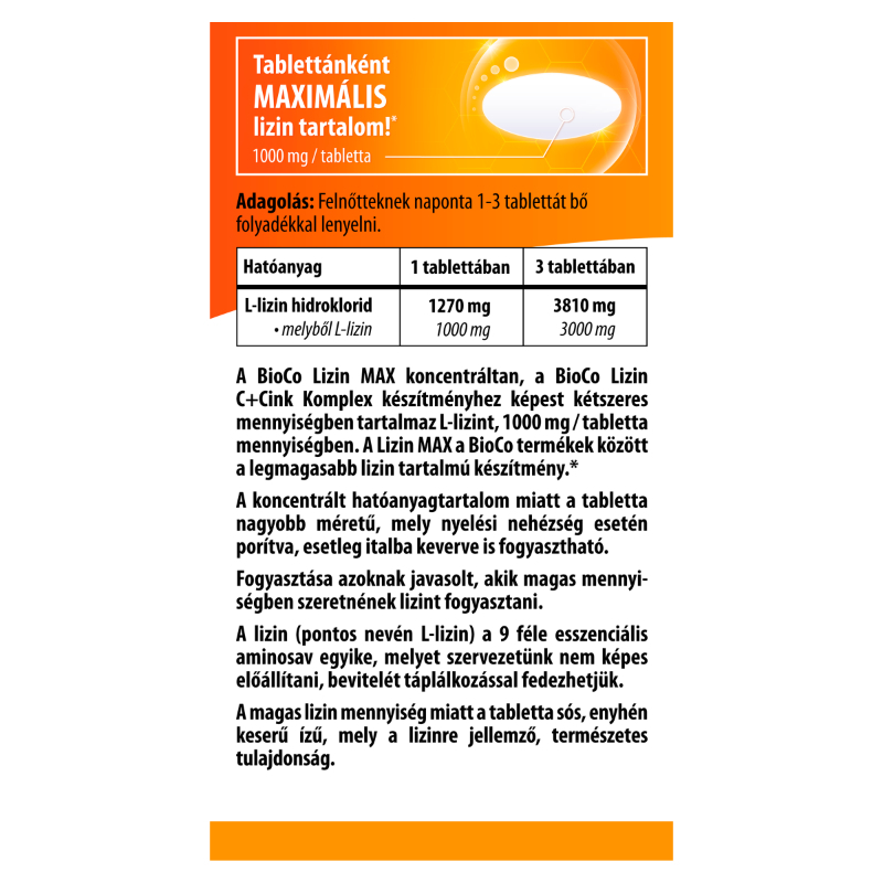 BioCo Lizin Max 1000 mg/tabletta L-lizint tartalmazó étrend-kiegészítő tabletta 100 x 1,4 g (140 g)